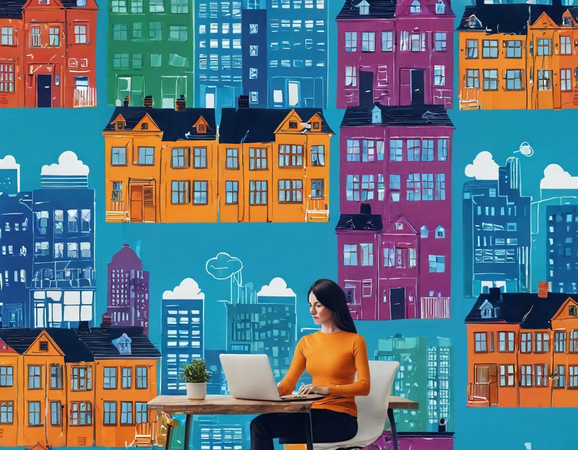 A vibrant digital landscape depicting a person sitting at a desk with a laptop, showcasing an array of real estate listings on the screen. Surrounding them are various icons representing blogging, social media, and rental properties, creating a dynamic flow of information. The background features a skyline of modern buildings, symbolizing the real estate market. Include warm colors to evoke positivity and growth. 3D. vibrant colors.