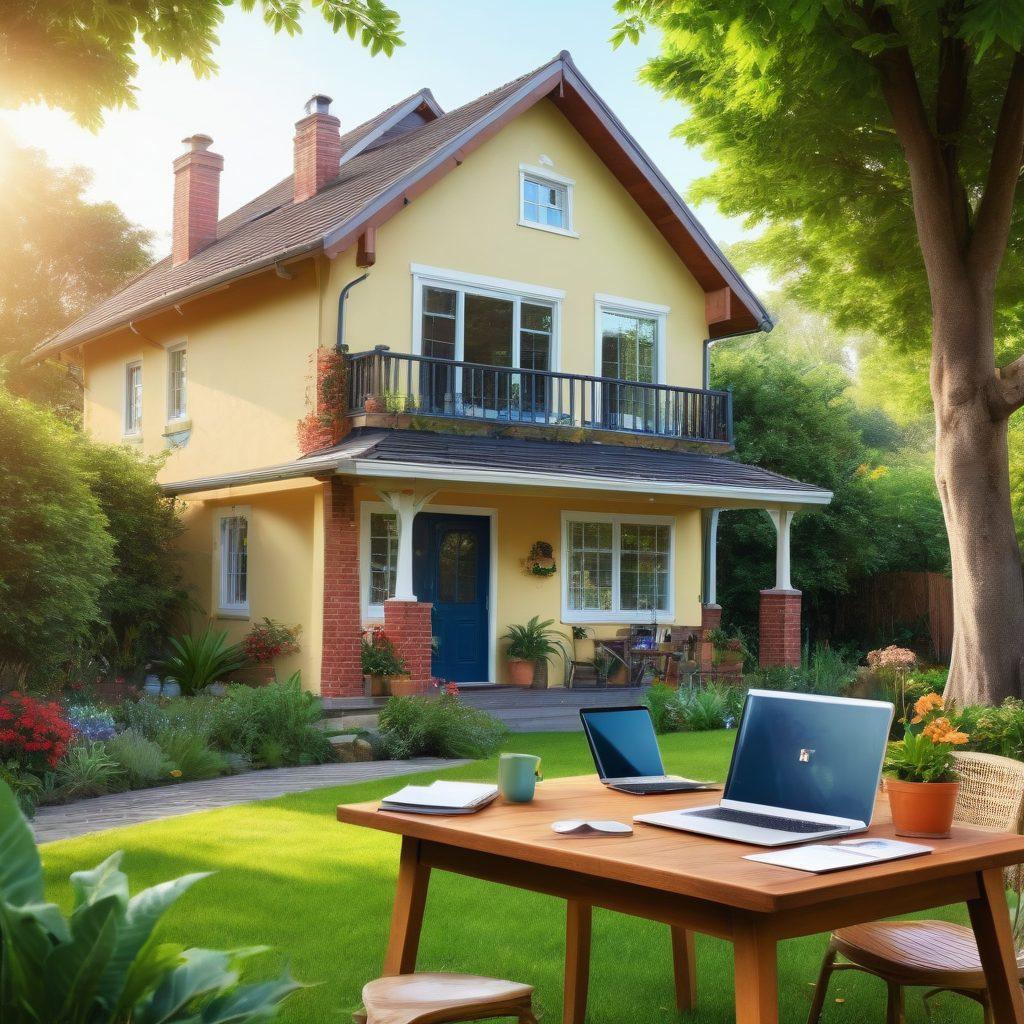 A cozy home with a 'For Rent' sign in the yard, surrounded by lush greenery. Include a laptop on a garden table with a blog open, showcasing an article on property leasing. Bright sunlight filtering through the trees, evoking a warm and inviting atmosphere. Illustrate a diverse group of people, representing landlords and tenants, engaging in a friendly discussion. vibrant colors. super-realistic.