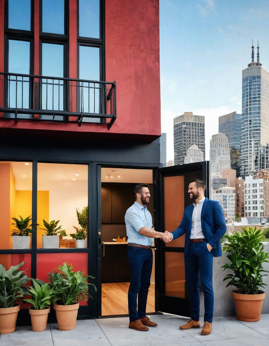 A split scene showcasing a joyful tenant and a proud landlord shaking hands with a vibrant city skyline in the background. On one side, a cozy apartment filled with cheerful decor and plants, while on the other side, a modern real estate office with rental listings and happy clients. Include subtle elements like dollar signs, contract papers, and a welcoming door symbolizing opportunity. super-realistic. vibrant colors. 3D.
